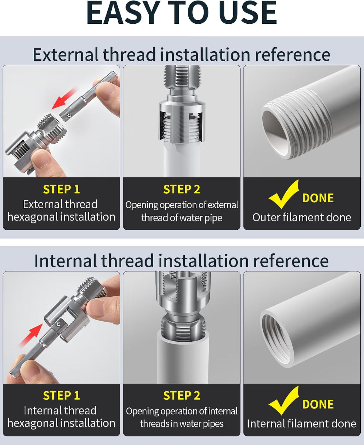 Internal and External Pipe Thread Tool with Hex Shank