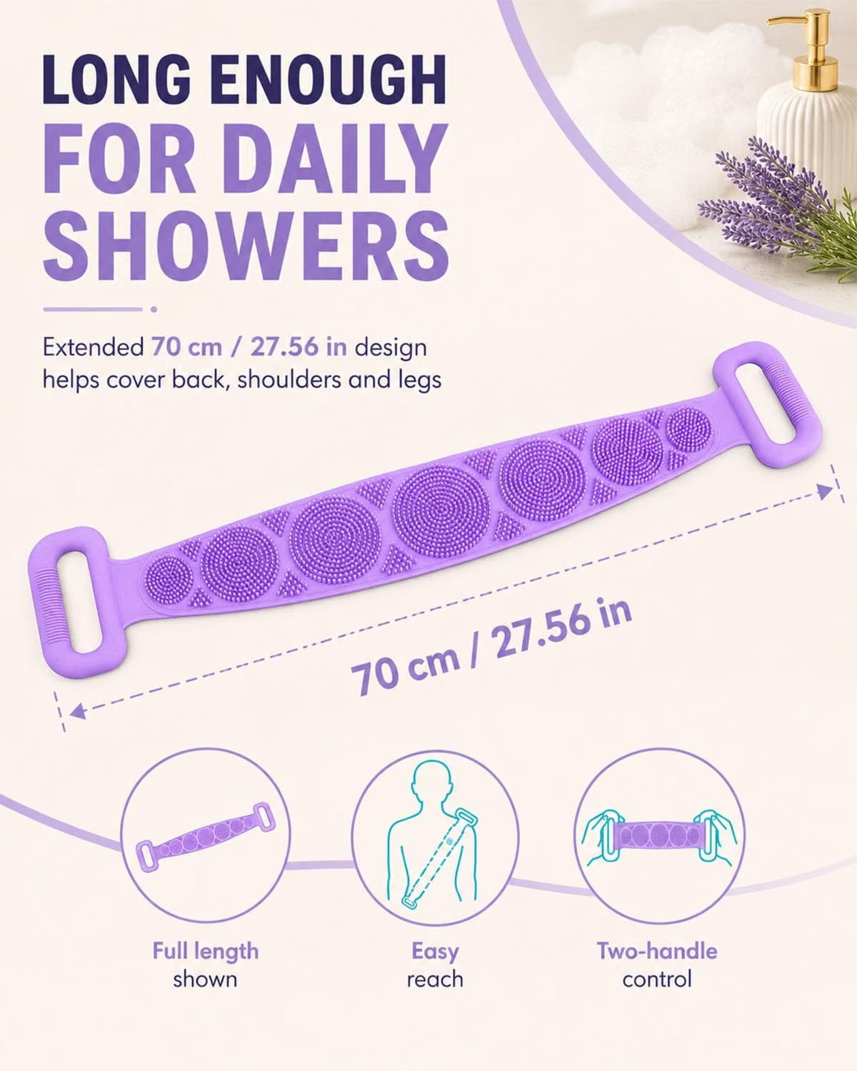 Silicone Back Scrubber Strap with Grip Handles