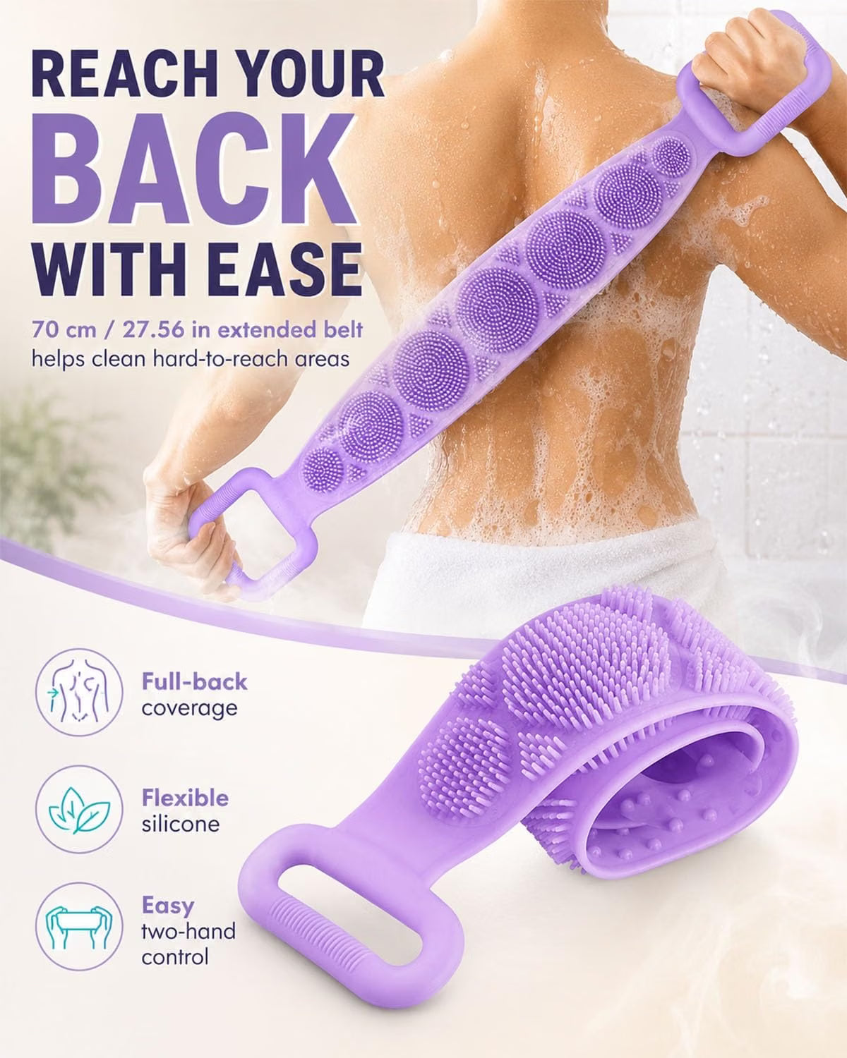 Silicone Back Scrubber Strap with Grip Handles